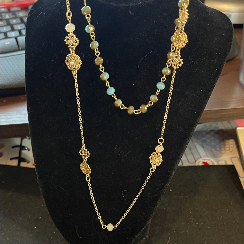 New York & Company Gold and Green Beaded Necklace